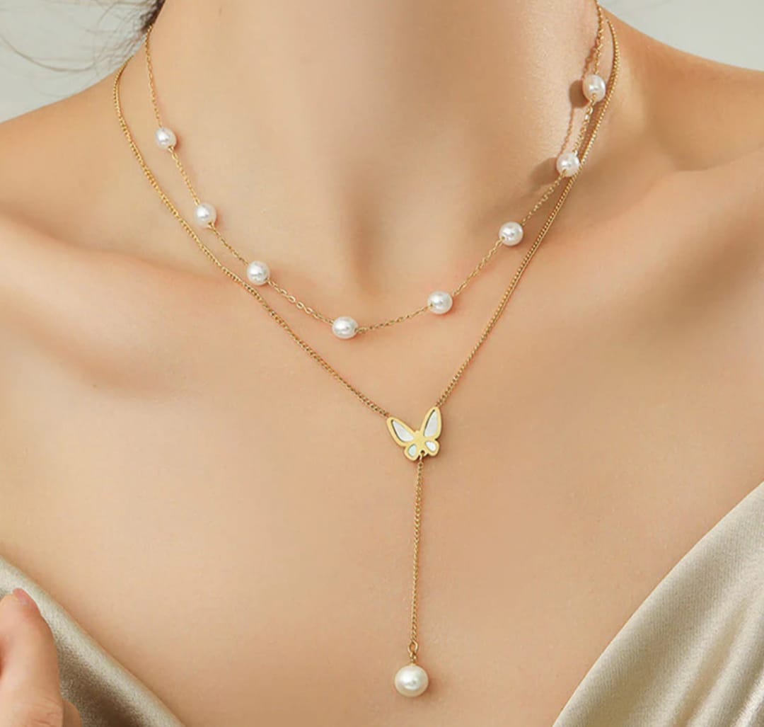 Gold Plated Butterfly Pendant Necklace with Pearls | Anti Tarnish Stainless Steel Layered Necklace