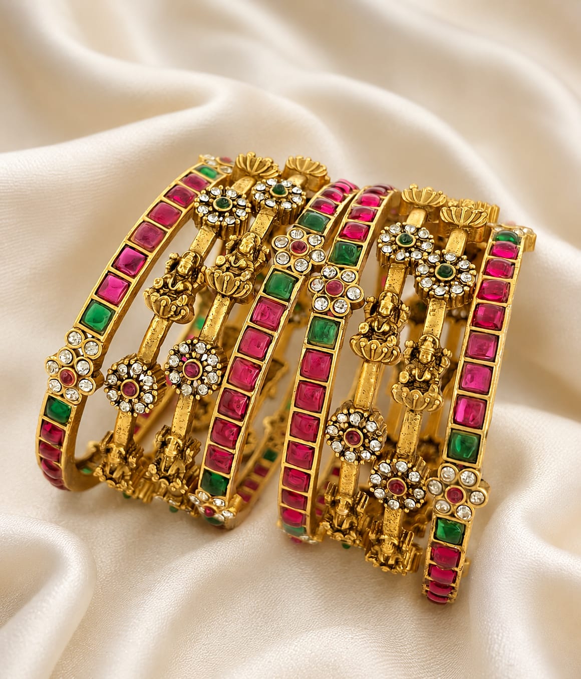24K Gold Formed Lakshmi Temple Bangles with Ruby & Green Stones | Bridal Kada Set